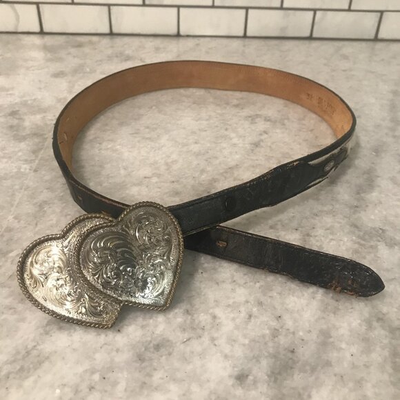 Dan Post Accessories - Dan Post Belt Women 32 Black Brown Cowhide Double Heart Buckle Western Rodeo USA